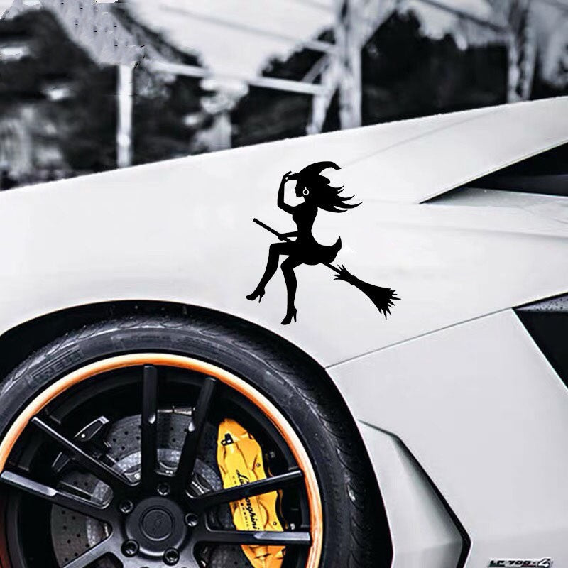 Halloween Car Sticker – Witch on Broom Window & Body Decal | Unique Spooky Decoration for Cars & Motorcycles