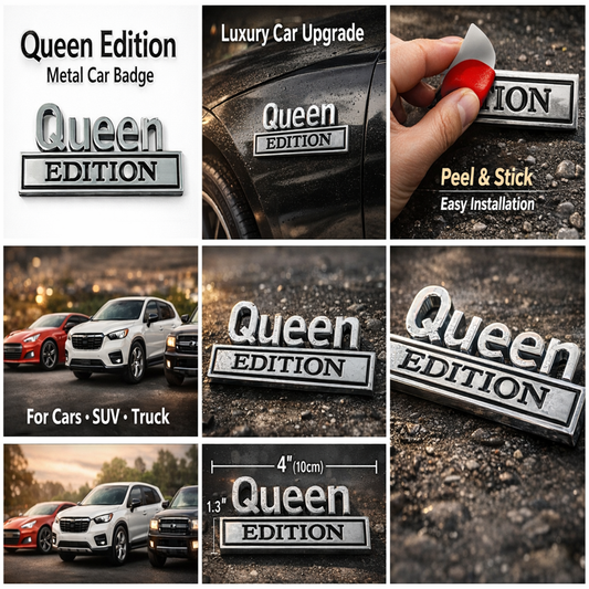 Queen Edition Metal Car Badge Emblem – Luxury Fender Sticker for Cars, Auto Body Decoration, Adhesive Metal Decal
