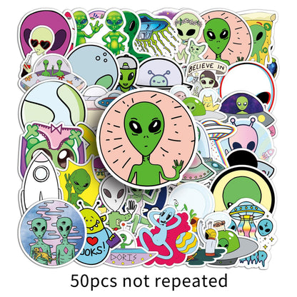 Alien Graffiti Sticker Pack – 50pcs Cool UFO Cartoon Decals for Skateboards, Water Bottles & Luggage – Trendy Travel Aesthetic