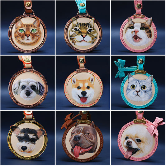 Custom Pet Leather Keychain｜Hand-Painted Real Leather Portrait Tag｜Unique Dog Cat Memorial Gift｜Heartwarming & Personalized