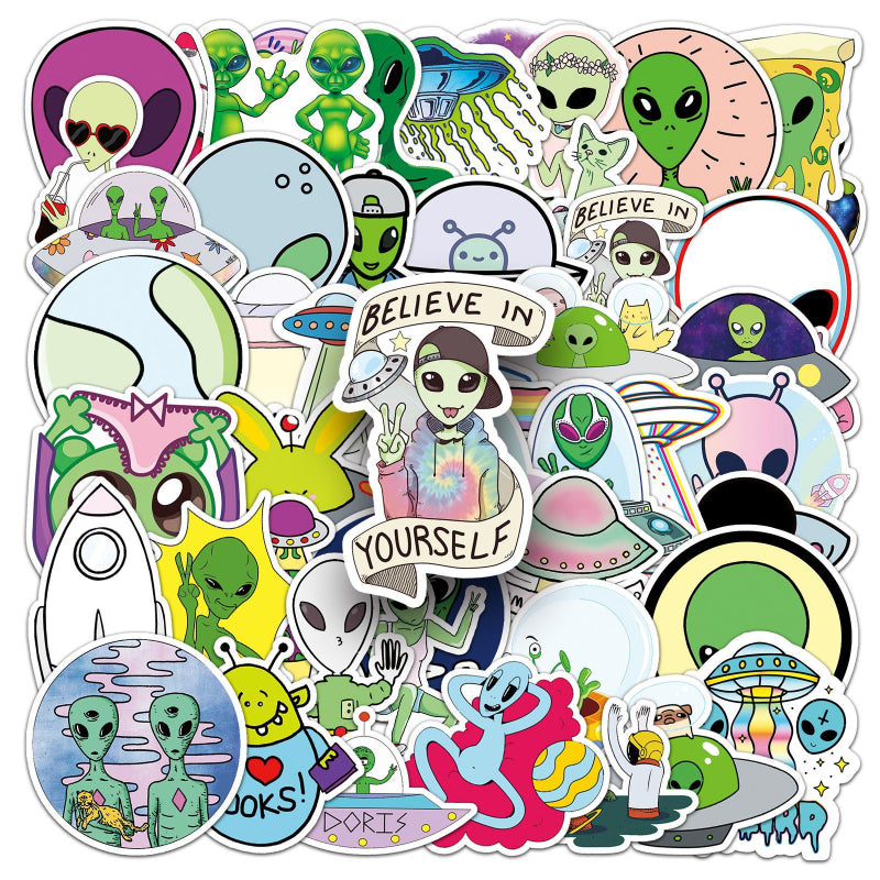 Alien Graffiti Sticker Pack – 50pcs Cool UFO Cartoon Decals for Skateboards, Water Bottles & Luggage – Trendy Travel Aesthetic