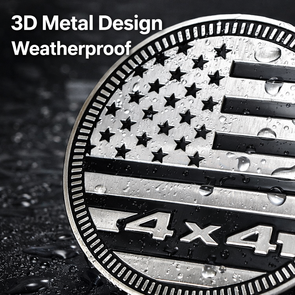4x4 Rated Metal Badge for Jeep Wrangler | American Flag Off-Road Emblem