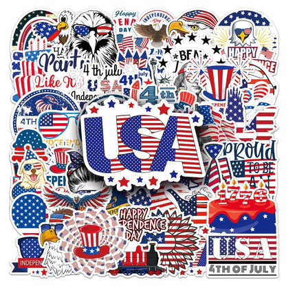 50PCS 4th of July Waterproof Stickers – Patriotic USA Vinyl Decals for Laptops, Water Bottles, Phones, Luggage – Celebrate Independence Day in Style