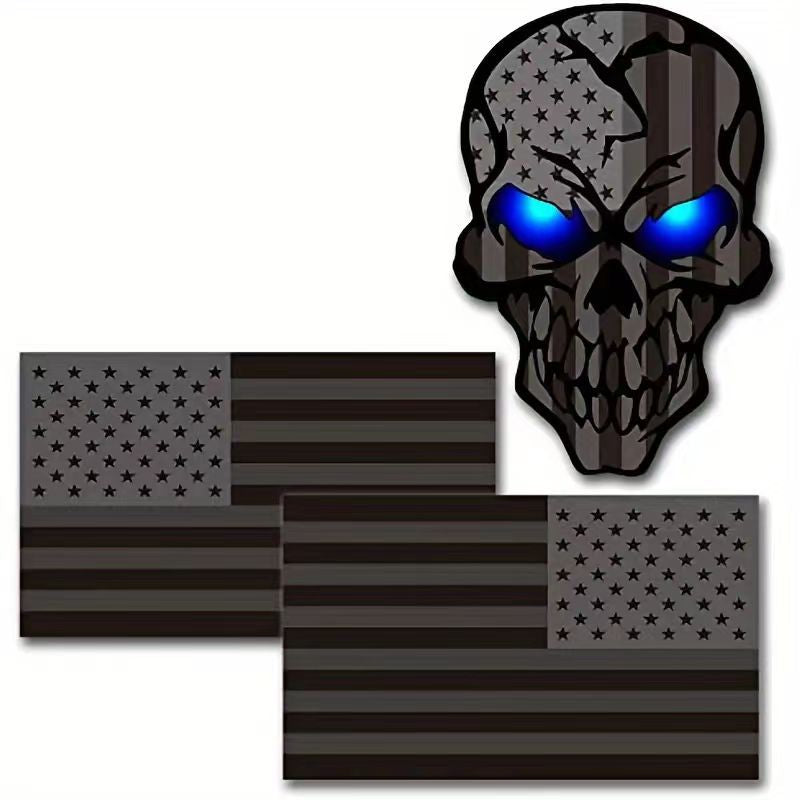 3-in-1 Black American Flag Skull Decal – Patriotic Sticker Pack for Car, Laptop, Helmet – Bold & Durable Design