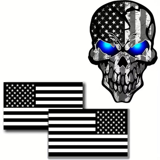 3-in-1 Black American Flag Skull Decal – Patriotic Sticker Pack for Car, Laptop, Helmet – Bold & Durable Design