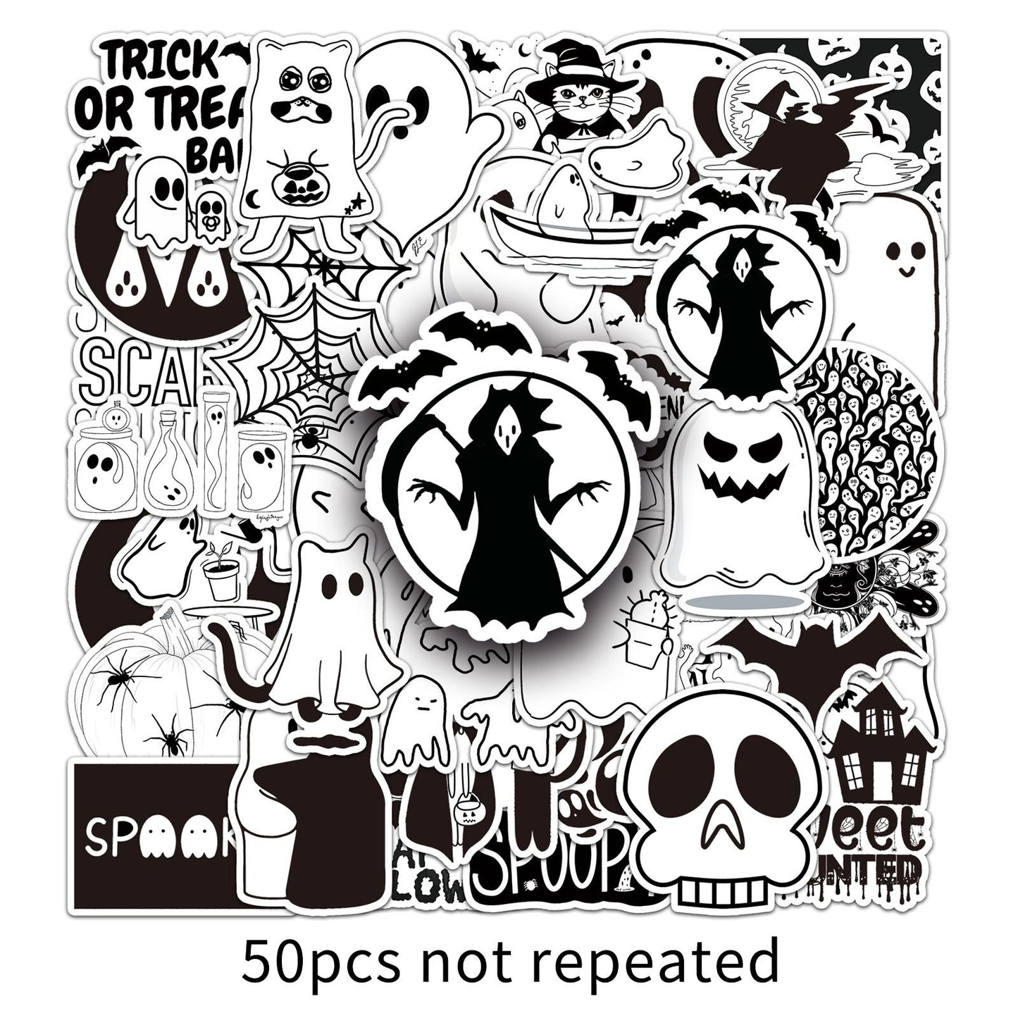 50PCS Black & White Halloween Cartoon Sticker Set – Waterproof DIY Creative Decals for Skateboards & Luggage