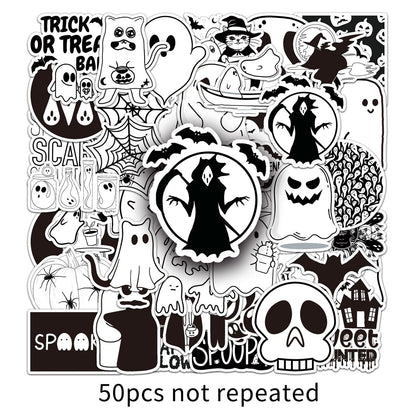 50PCS Black & White Halloween Cartoon Sticker Set – Waterproof DIY Creative Decals for Skateboards & Luggage