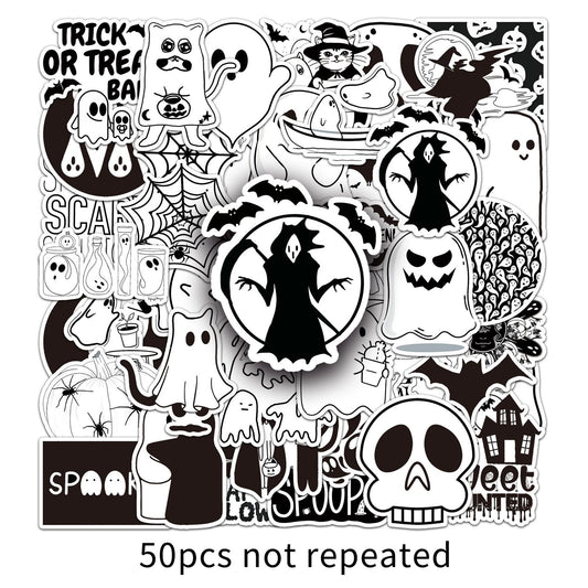 50PCS Black & White Halloween Cartoon Sticker Set – Waterproof DIY Creative Decals for Skateboards & Luggage