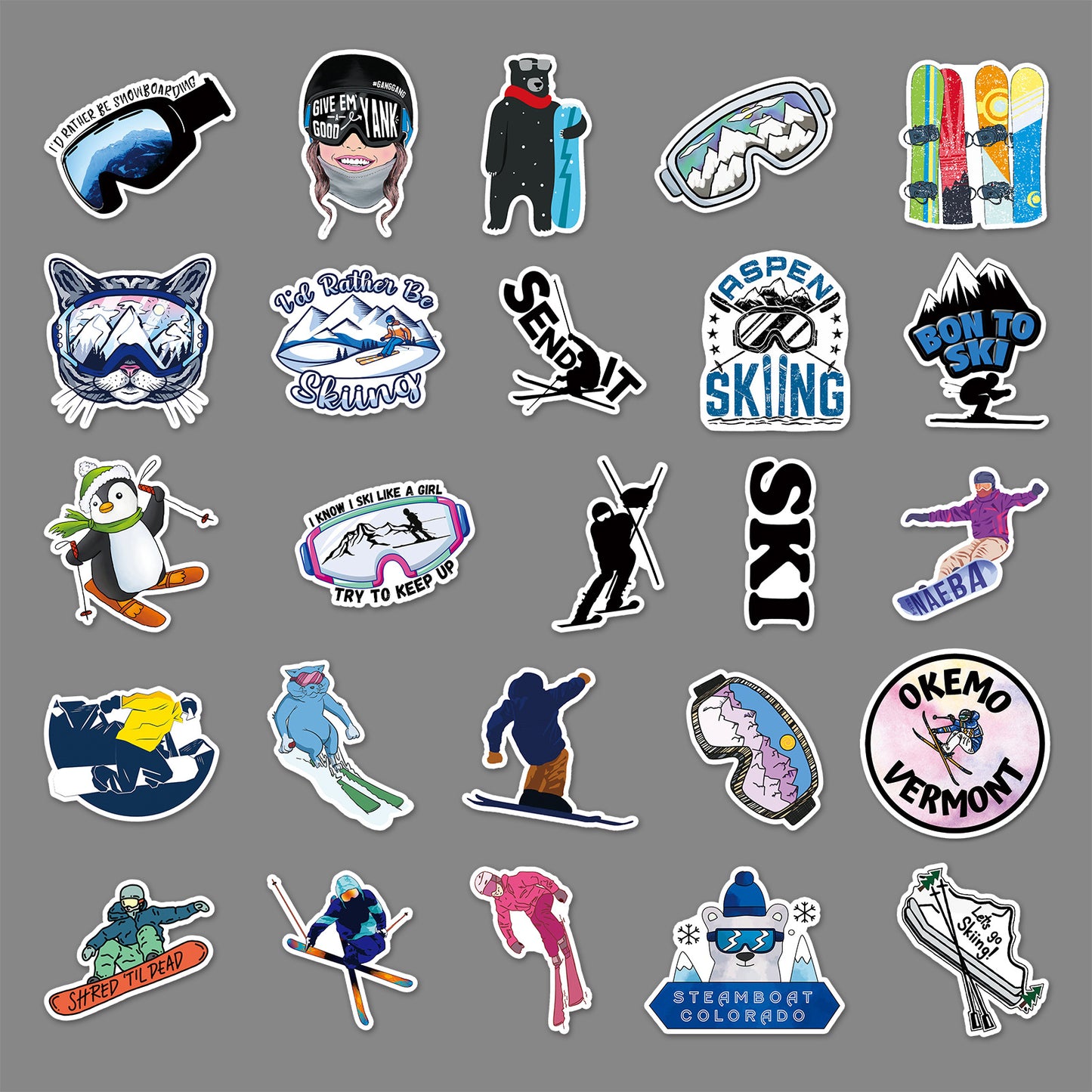 Ski Cartoon Sticker Pack – Waterproof & Durable, Personalized DIY for Skateboards & Luggage, Unleash Your Sporty Vibes
