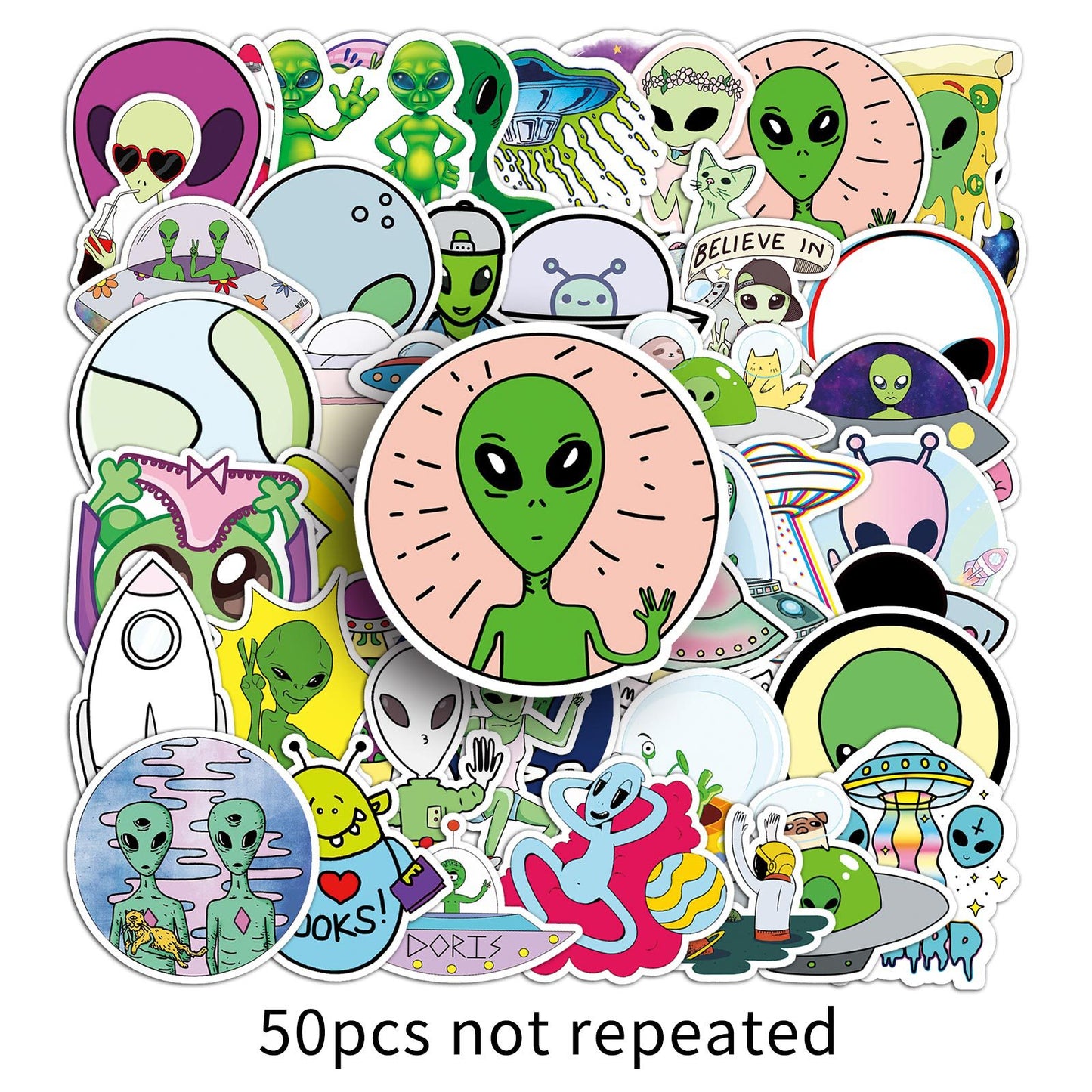 Alien Graffiti Sticker Pack – 50pcs Cool UFO Cartoon Decals for Skateboards, Water Bottles & Luggage – Trendy Travel Aesthetic