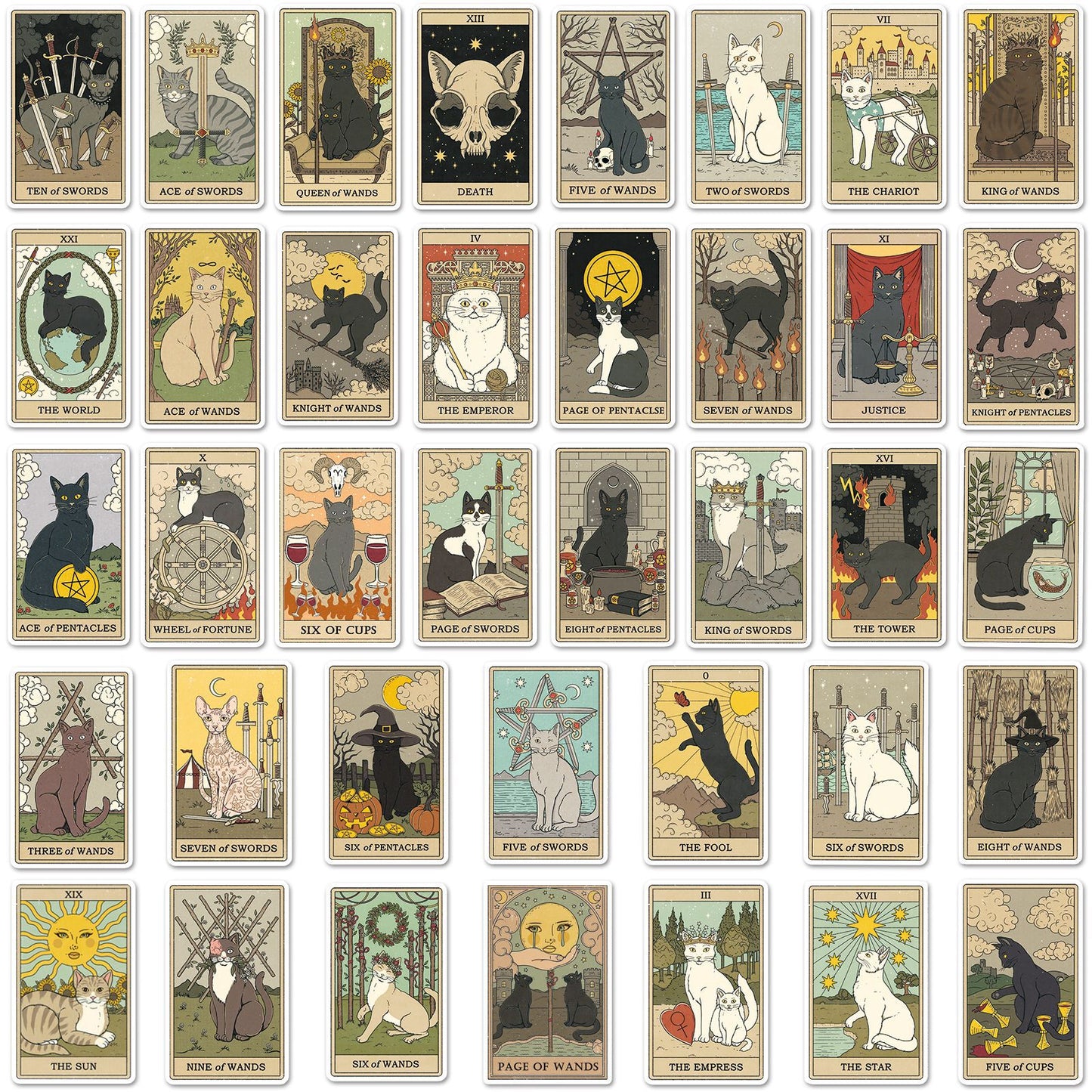 Cat Tarot Stickers Pack – 78 Waterproof Vinyl Decals for DIY Skateboards, Laptops & Luggage | Unique Tarot Cat Art for Cat Lovers