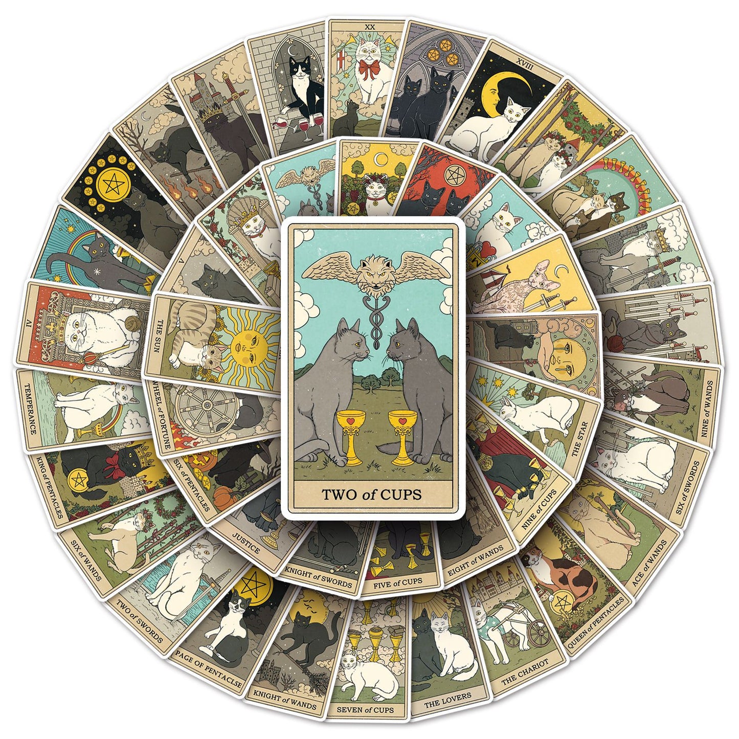 Cat Tarot Stickers Pack – 78 Waterproof Vinyl Decals for DIY Skateboards, Laptops & Luggage | Unique Tarot Cat Art for Cat Lovers