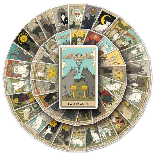 Cat Tarot Stickers Pack – 78 Waterproof Vinyl Decals for DIY Skateboards, Laptops & Luggage | Unique Tarot Cat Art for Cat Lovers