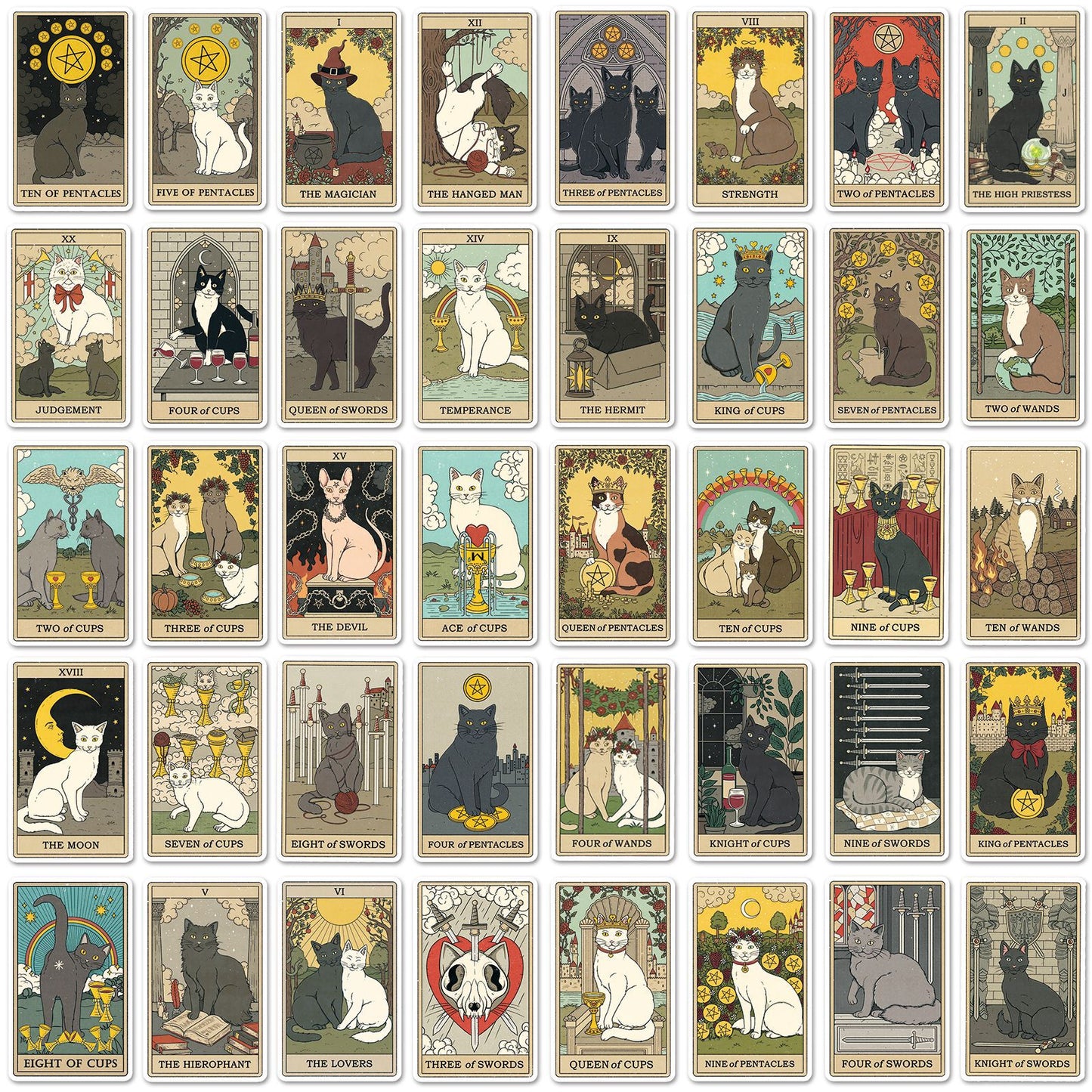 Cat Tarot Stickers Pack – 78 Waterproof Vinyl Decals for DIY Skateboards, Laptops & Luggage | Unique Tarot Cat Art for Cat Lovers
