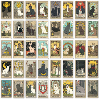 Cat Tarot Stickers Pack – 78 Waterproof Vinyl Decals for DIY Skateboards, Laptops & Luggage | Unique Tarot Cat Art for Cat Lovers