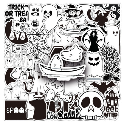 50PCS Black & White Halloween Cartoon Sticker Set – Waterproof DIY Creative Decals for Skateboards & Luggage
