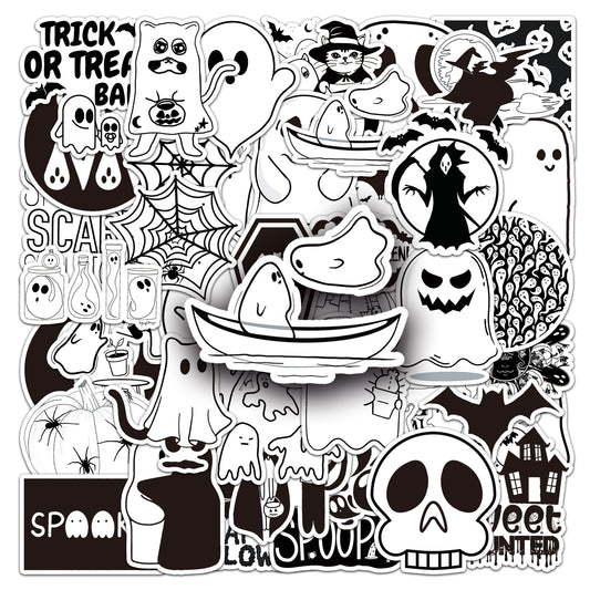50PCS Black & White Halloween Cartoon Sticker Set – Waterproof DIY Creative Decals for Skateboards & Luggage
