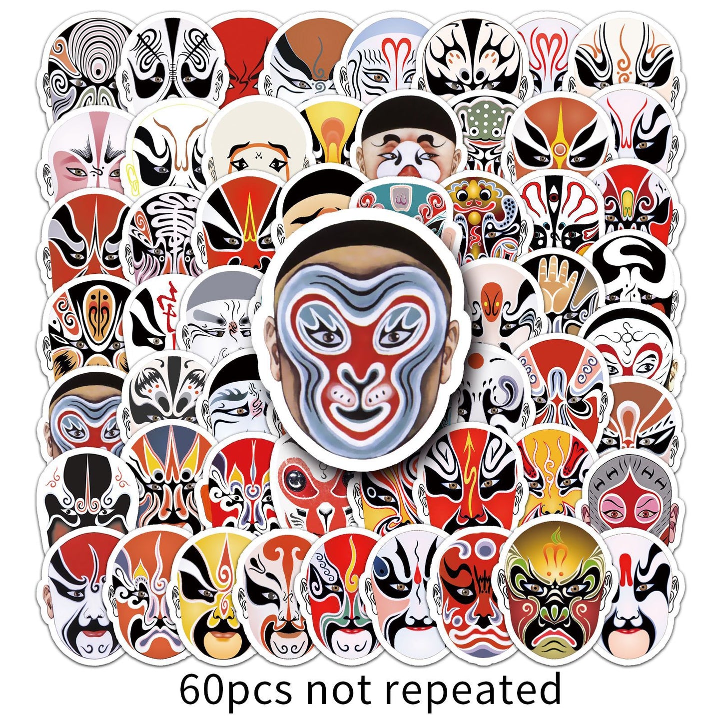 【Chinese Style Stickers】60 Pcs Peking Opera Facial Mask Waterproof Sticker Set｜Perfect for Journals, Luggage, Fridge, Suitcase, Car – Showcase Oriental Art Charm