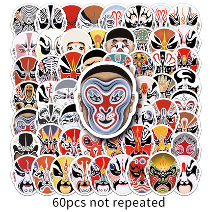 【Chinese Style Stickers】60 Pcs Peking Opera Facial Mask Waterproof Sticker Set｜Perfect for Journals, Luggage, Fridge, Suitcase, Car – Showcase Oriental Art Charm