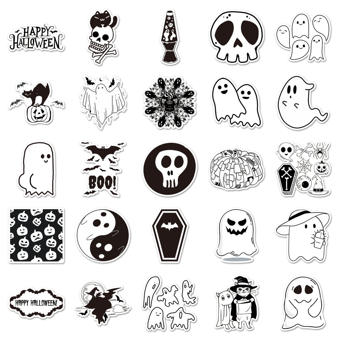 50PCS Black & White Halloween Cartoon Sticker Set – Waterproof DIY Creative Decals for Skateboards & Luggage
