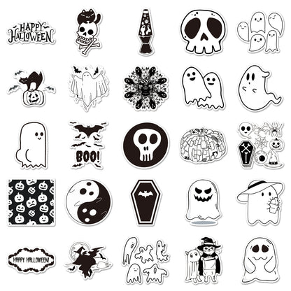 50PCS Black & White Halloween Cartoon Sticker Set – Waterproof DIY Creative Decals for Skateboards & Luggage