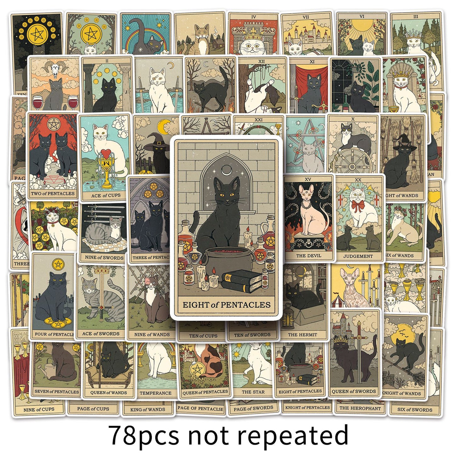 Cat Tarot Stickers Pack – 78 Waterproof Vinyl Decals for DIY Skateboards, Laptops & Luggage | Unique Tarot Cat Art for Cat Lovers