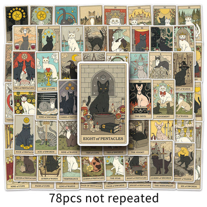 Cat Tarot Stickers Pack – 78 Waterproof Vinyl Decals for DIY Skateboards, Laptops & Luggage | Unique Tarot Cat Art for Cat Lovers