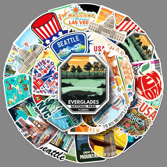 50 PCS American Travel Graffiti Stickers | Custom Decor for Luggage, Water Bottles, Phone Cases & More | Unique USA Vacation Stickers for Personalization