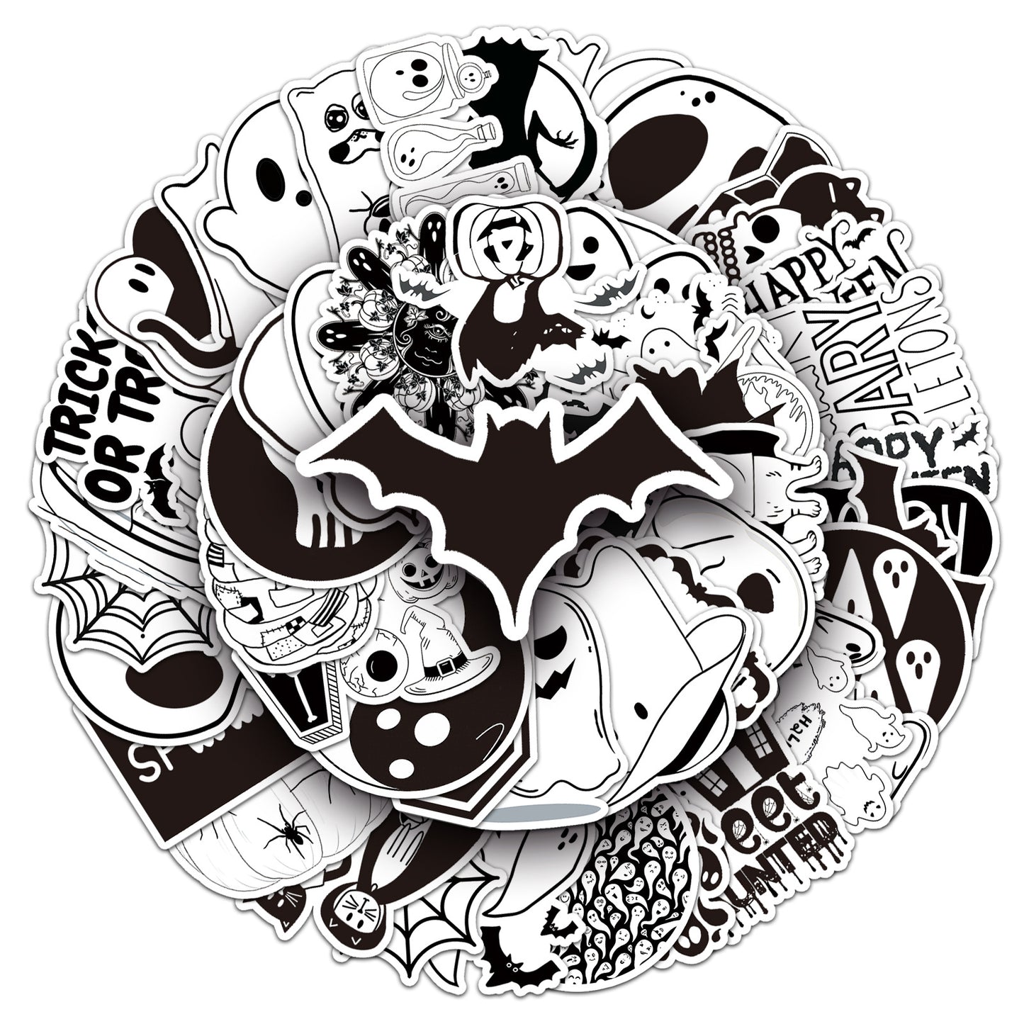 50PCS Black & White Halloween Cartoon Sticker Set – Waterproof DIY Creative Decals for Skateboards & Luggage