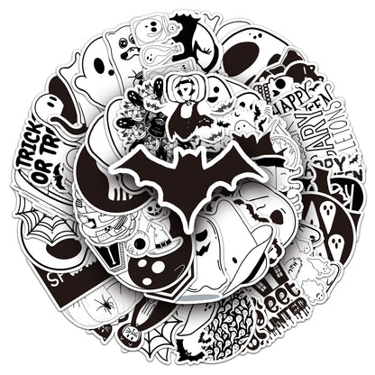 50PCS Black & White Halloween Cartoon Sticker Set – Waterproof DIY Creative Decals for Skateboards & Luggage