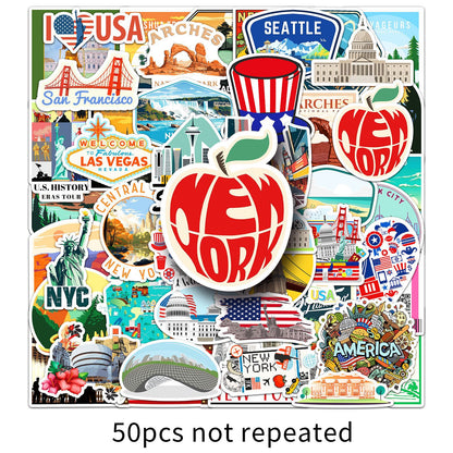 50 PCS American Travel Graffiti Stickers | Custom Decor for Luggage, Water Bottles, Phone Cases & More | Unique USA Vacation Stickers for Personalization