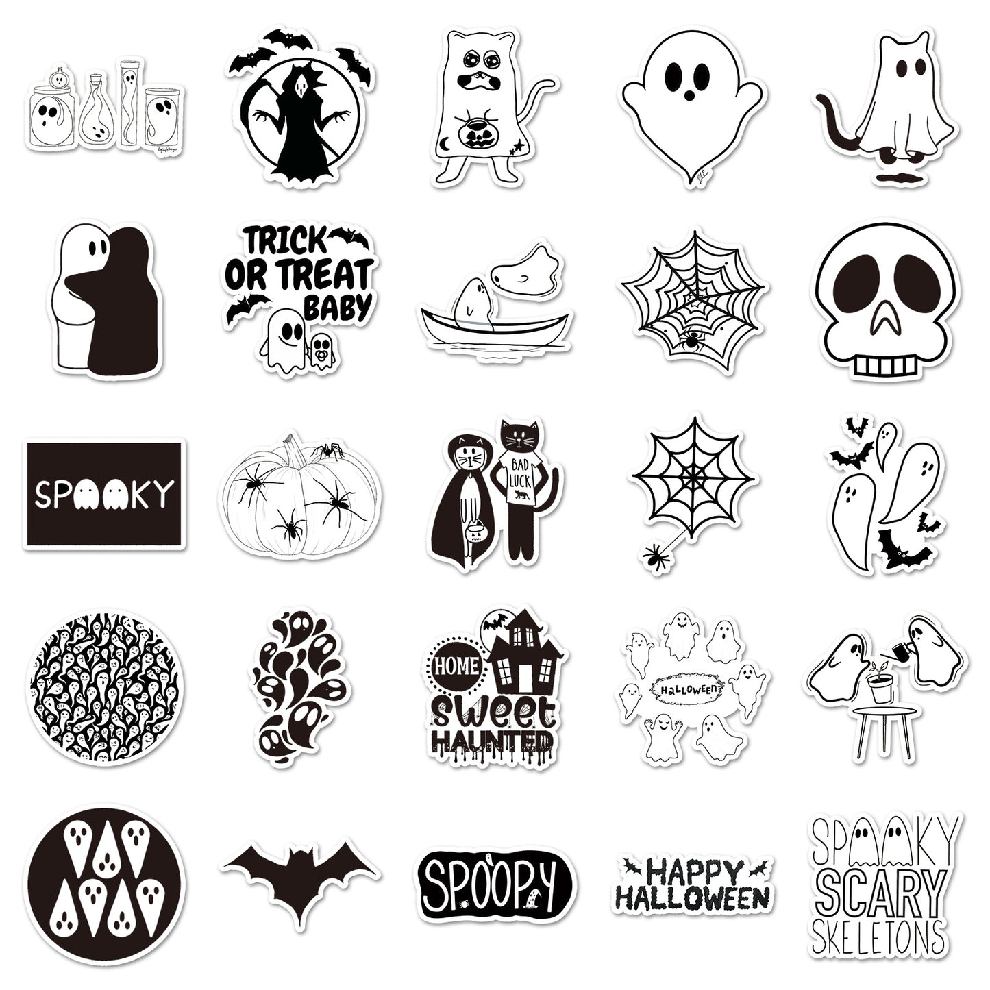 50PCS Black & White Halloween Cartoon Sticker Set – Waterproof DIY Creative Decals for Skateboards & Luggage