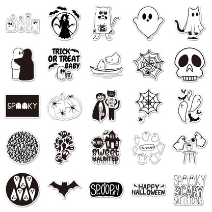 50PCS Black & White Halloween Cartoon Sticker Set – Waterproof DIY Creative Decals for Skateboards & Luggage