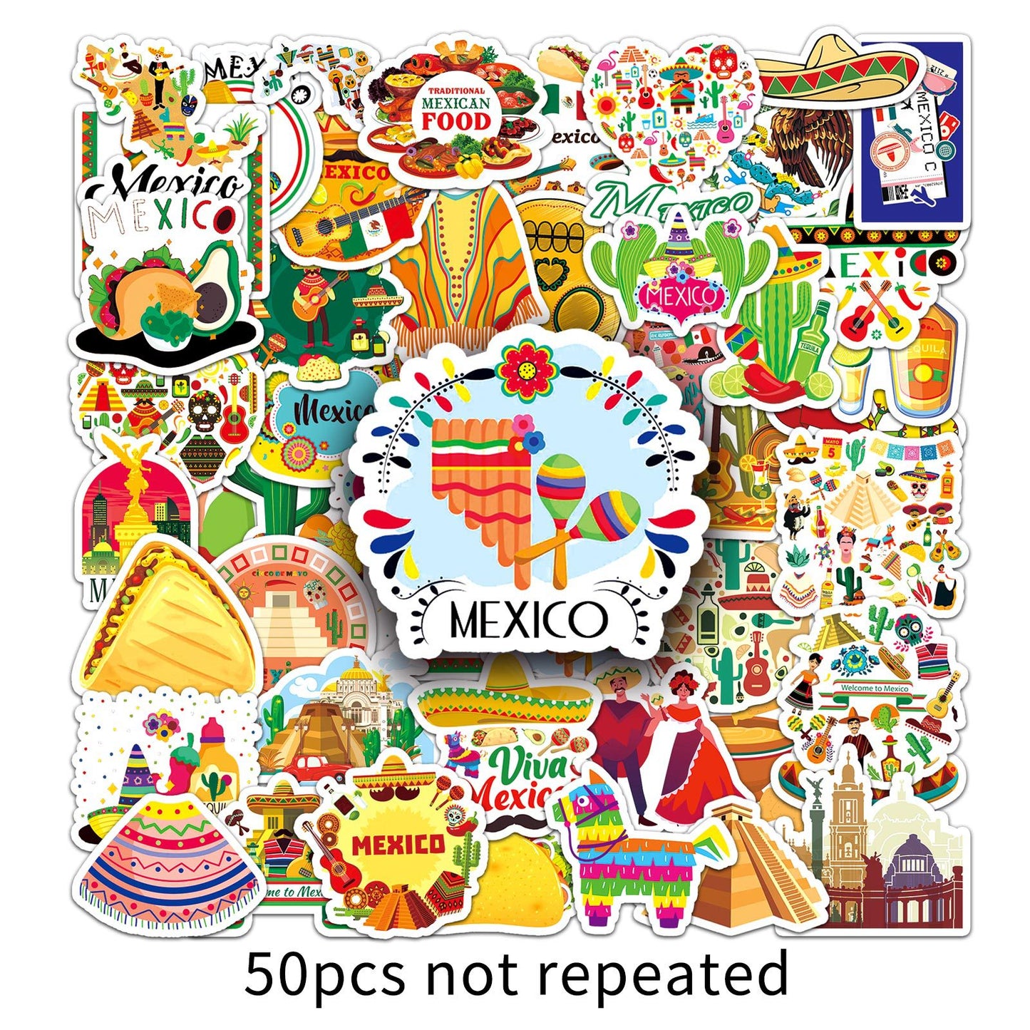 Mexico Travel Stickers Pack – 50PCS Waterproof Graffiti Decals for Luggage, Laptop & Scrapbook | Vibrant Mexican Landmarks & Culture