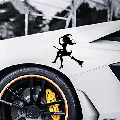Halloween Car Sticker – Witch on Broom Window & Body Decal | Unique Spooky Decoration for Cars & Motorcycles