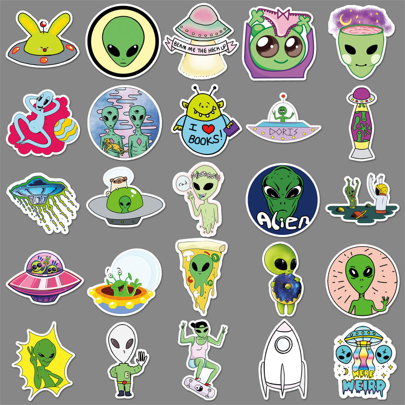 Alien Graffiti Sticker Pack – 50pcs Cool UFO Cartoon Decals for Skateboards, Water Bottles & Luggage – Trendy Travel Aesthetic