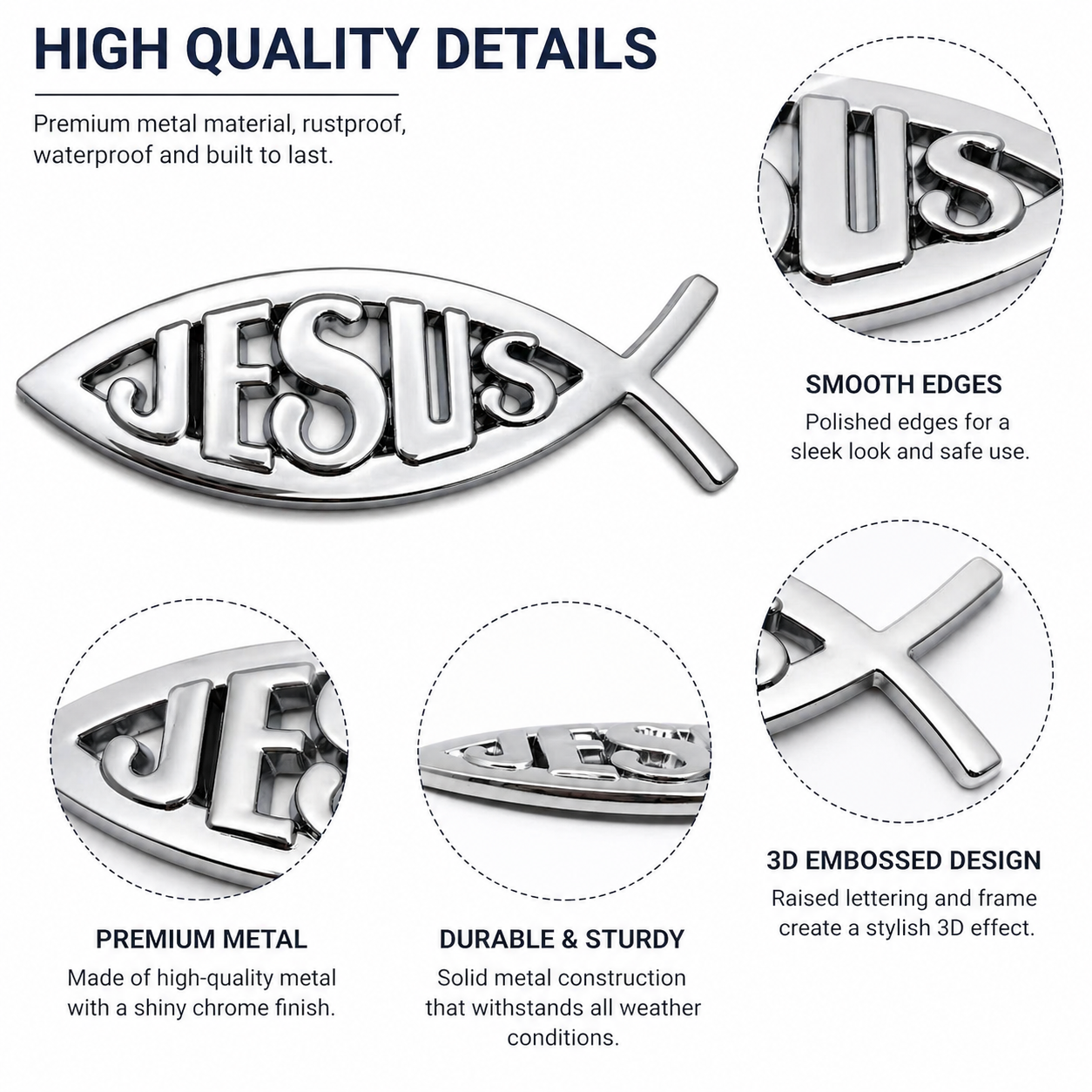 Metal Fish Car Emblem Sticker, Chrome Fish Badge Decal for Car Truck Motorcycle, Waterproof Auto Body Decoration, Religious Jesus Fish Symbol