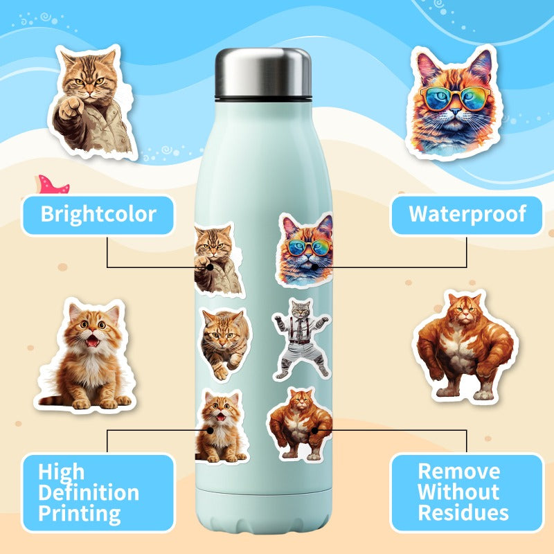 Cat Stickers】50PCS Funny Realistic Cat Head Waterproof Decals | DIY Laptop Cup Decor | Unique & Quirky Gift Idea