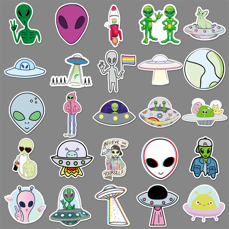 Alien Graffiti Sticker Pack – 50pcs Cool UFO Cartoon Decals for Skateboards, Water Bottles & Luggage – Trendy Travel Aesthetic