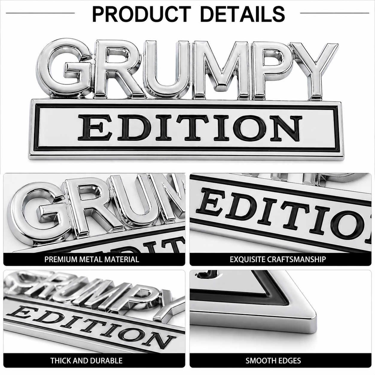 Grumpy Edition Metal Car Badge, 3D Fender Emblem Sticker, Funny Car Decal, Auto Side Body Badge, Waterproof Vehicle Decoration