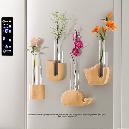 Wooden Fridge Magnet Vase | Magnetic Test Tube Design + Wall Hanging Hydroponics | Creative Home Decor | Aesthetic Ins-style Mini Vase for Plant Lovers